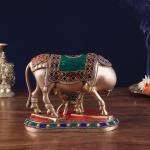 9" Handcrafted Brass Kamdhenu Cow with Calf Statue - Divine Symbol of Fertility, Abundance & Prosperity